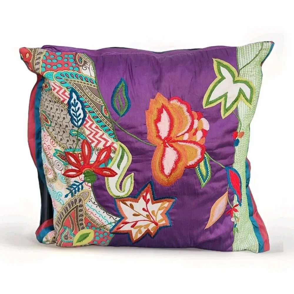 Pier 1 Boho Embroidered Silk Throw Pillow Purple Floral Patchwork Applique